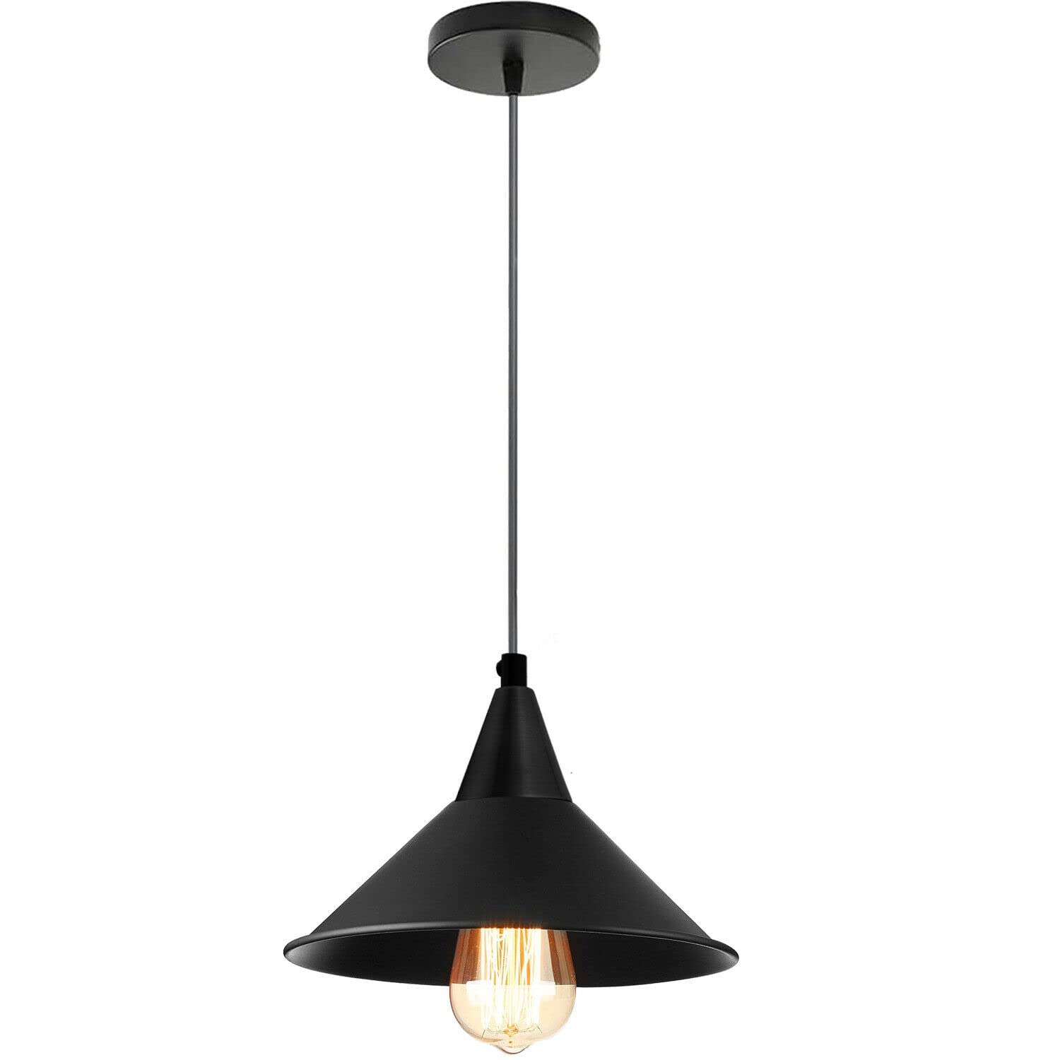 DC Voltage Industrial Pendant Light E27 Holder Adjustable Hanging Pendant Light Metal Lampshade Suspended Ceiling Pendant Light for Kitchen, Hallway, Living Room Black with Bulb