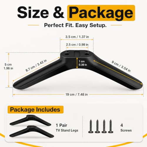 Image of TV Stand Legs for 32 Inch TV, 1 Pair Black Plastic Replacement TV Feet, 19 x 5 cm, Tabletop Television Base with 4 Screws, Sturdy Support, Individually Packed