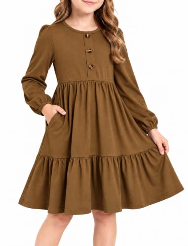Image of JiAmy Girls Dress Cotton School Casual A-line with Pockets 5-6Y, Brown