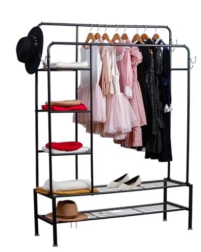 Top Home Solutions® Heavy Duty Clothes Rack with Double Clothes Rail, 4 Double Hooks, 5 Storage Shelves – Multifunctional Sturdy Freestanding Metal Clothing Rail with Non-Slip Feet 160 x 115 x 40 cm