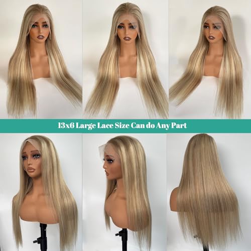 Image of Munx 13x6 Ash Blonde Human Hair Wigs for Women Pre Plucked Ombre Highlight Light Brown and Ash Blonde Straight Lace Wig Bleach Knots with Baby Hair 28 Inch