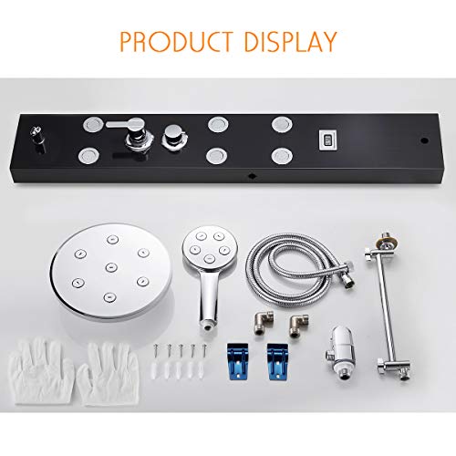 ROVATE Rainfall Shower Panel Tower Modern 304 Stainless Steel, Shower Tower with 9-inch Round Shower, 6 Body Massage jets and Tube Spout, Multi-Function Shower Column with Temperature Dispaly