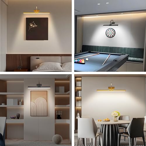 Image of 23 inch Wireless Picture Lights, Rechargeable Battery Art Display Light with Remote Control, Dimmable /Timer Off Dartboard Light, 3 Lighting Modes Full Metal Painting Display Lights(Gold)
