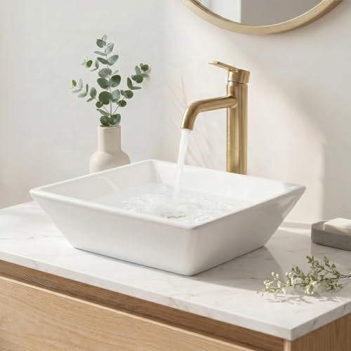 Image of KES 17 inch Square Vessel Sink for Bathroom Vanity Countertop, Glossy White Ceramic Porcelain Bathroom Sink Bowl Above Counter, Modern Look, BVS141