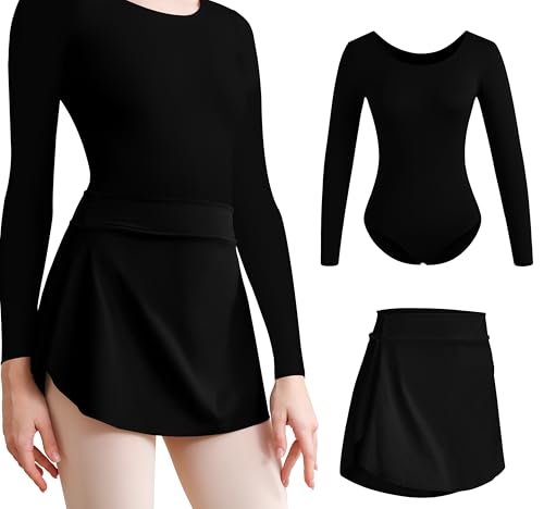 Tegmk 2Pcs Women's Team Basic Long Sleeve Dance Leotard with Pull on Black Ballet Skirt(FT4028-06-M-06Qun)