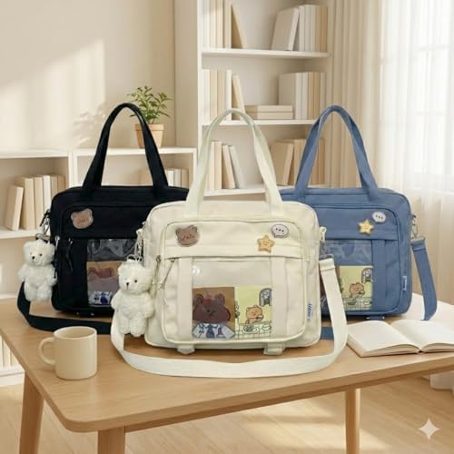 Image of Kawaii Crossbody Ita Bag for Women with Pin & Plush Bear - Japanese Messenger Bags Y2K Shoulder Purse