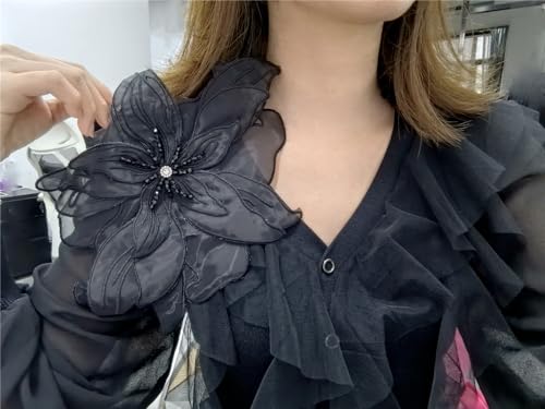 Image of Exaggerated Organza Fabric Flower Brooch Pin for Women Girls Fashion Dainty Layered Big Beaded Corsage Boutonniere Brooches Lapel Pins Delicate Wedding Birthday Holiday Dress Accessories Jewelry Gift