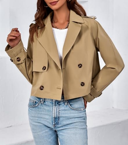 Tankaneo Womens Cropped Trench Coat Lapel Double Breasted Short Jacket Outwear3