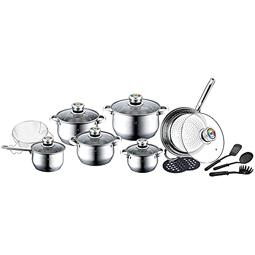 Herenthal Batería 18 Piezas, Acero Inoxidable: Sartén Ø24; Cazo Ø16; Cacerola Ø18; Cacerola Ø20; Cacerola Ø24; Protectoresx 2 + 3 Utensilios De Cocina + Rejilla Freidora/Escalfadora, Cromado (Ch1783)