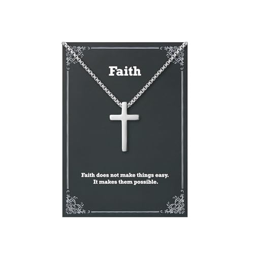 Faith Silver Cross Pendant Necklace for Men Religious Christian Jewelry Brithday Gifts Christian Baptism Gift First Communion Necklace for Son Nephew