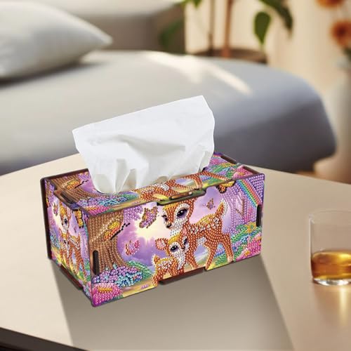 Image of DIY Diamond Painting Tissue Box - Wooden Rhinestone Art Kit with Deer Family Design, Nature Animal Themed Tissue Holder for Rustic Home or Office Desktop Decor