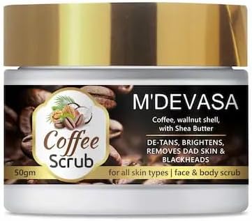 M'DEVASA Coffee Face & Body Scrub with Coffee, Walnut Shell & Shea Butter | Deep Cleansing, De-Tan Care & Blackhead Removal | Suitable for All Skin Types, 50 gm