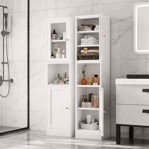 Image of 67 inch Tall Narrow Storage Cabinet with Glass Door and Open Shelf,Metal Pantry Cabinet with Adjustable Shelves,Shaker Style Slim Cabinet for Bathroom Kitchen Small Spaces, White, 1Pc
