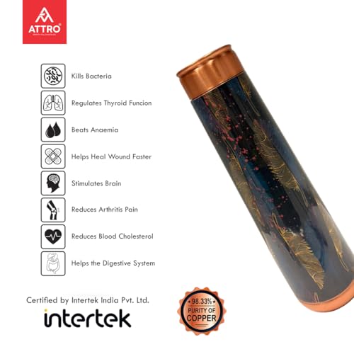 Image of ATTRO Arth Deluxe Copper Bottle Design Boosts Immunity Leakproof & Lightweight |Anti-Bacterial, BPA Free with Secure Cap for School, Travel, Gym & Work 900ml Rainbow Leaf Gold