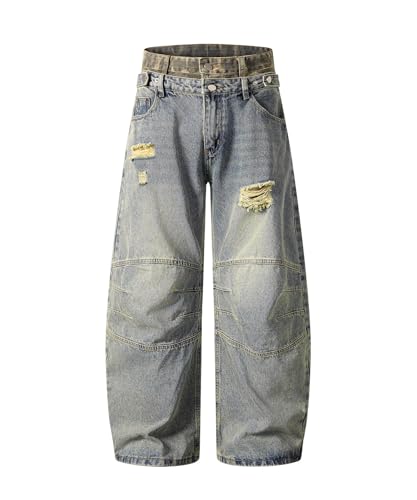 Unisex Vintage Wide Leg Jeans, Distressed Double Waist Baggy Barrel Pants, Casual Streetwear Denim