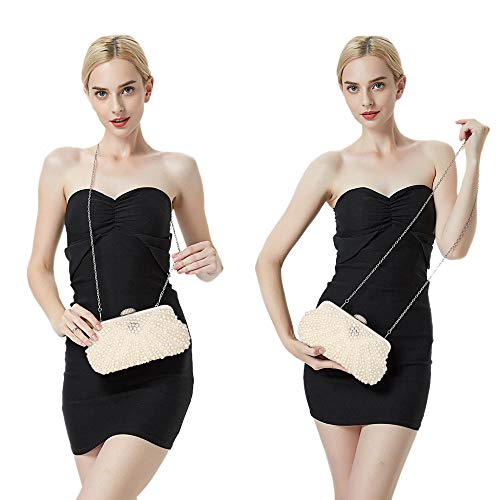 Image of UBORSE Women Pearl Clutch Bag Noble Crystal Beaded Evening Bag Wedding Clutch with Pearl Chain