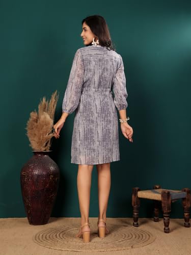Image of Varanga Women Tie and Dye Printed Short Dress with Three-Quarter Puff Sleeves - A Stylish and Comfortable Casual Outfit