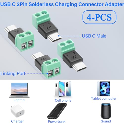 QIANRENON Adapter USB C, 2 piny, bezlutowna wtyczka na złącze zaciskowe, ładowanie 5 V 1,5 A, bez transferu danych, 4 sztuki w opakowaniu
