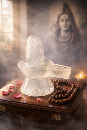 Image of Original Natural Sphatik Carat (Ct) Shivling Yoni Base (Jalhari) | Spatika Lingam Jaladhari | Clear Quartz Crystal Shiva Lingam Abhishekam, Pooja Meditation | Vastu Spiritual Idol (110-120 Grams)