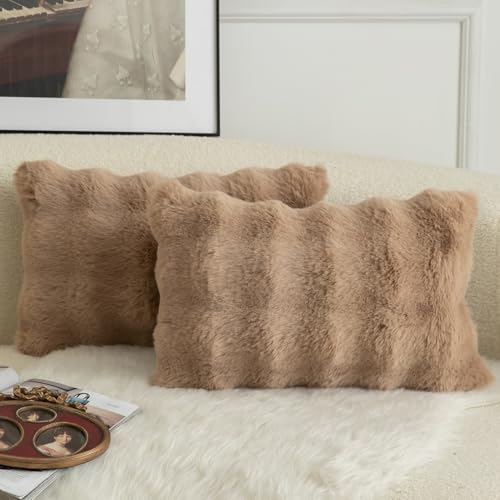 Image of MANDIOO Pack of 2 Thick Plush Wool Decorative Throw Pillow Covers Super Soft Wave Bubble Fur Velvet Cushion Covers Pillow Shams for Couch Bed Living Room 16x24 Inch Camel