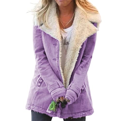 Womens Sherpa Jean Jacket Winter Warm Lapel Button Down Fleece Lined Denim Coat Thicken Faux Fur Outerwear with Pocket