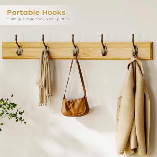 Coat Rack Shoe Bench Set, Bamboo Shoe Storage Bench with Seat Cushion & 5 Hooks, Hall Tree Entryway Bench with Lift Top Hidden Storage, 35.4\" W x 12.6\" D x 19.7\" H, for Entryway, Living Room, Bedroom