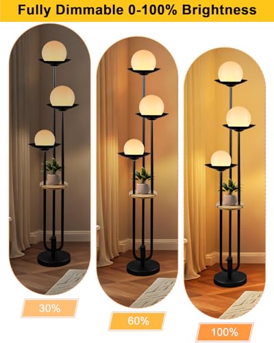 Image of Lightdot Globe Floor Lamp with Shelf 3-Lights Modern Dimmable Floor Lamps 3000K Warm White Bulbs Included Black Tall Standing Lamp with 5Lbs Heavy Base for Living Room /Bedroom /Sofa Beside /Corner Decor