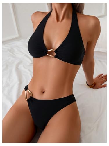 SOLY HUX Women's Halter Bikini Set V Neck Ring Linked Bathing Suit Summer Beach Two Piece Swimsuit4