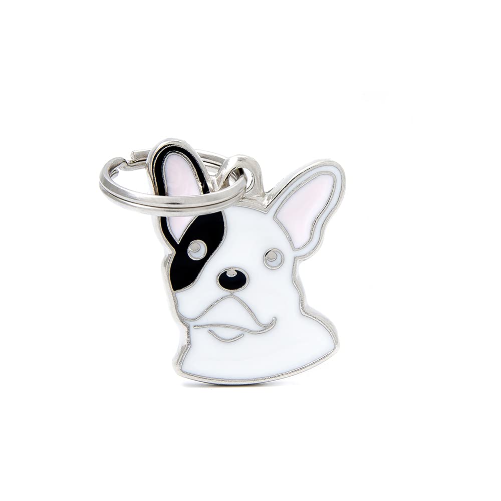 My Family Personalised Dog Tag Made in Italy, White French Bulldog, Dog Tag with Free Engraving, Hand Enamelled in Metal, Friends Collection, 26 x 27 mm