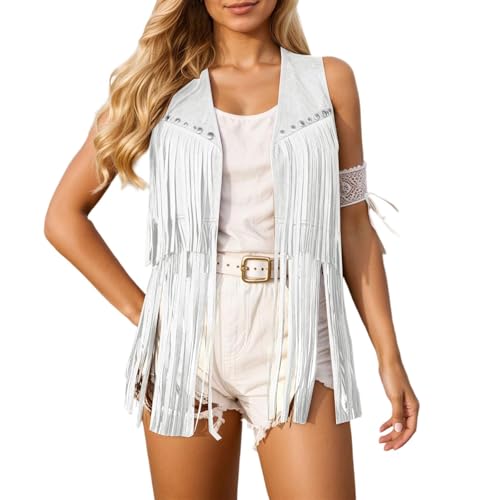 2026 Chaleco con flecos, chaqueta sin mangas, parte superior abierta casual para el, Blanco, XXL