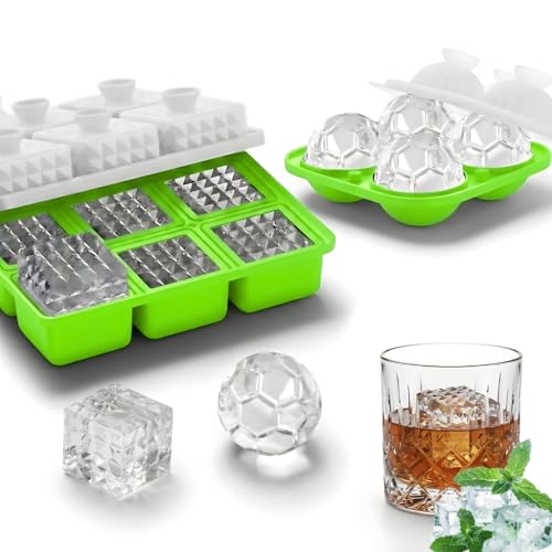 Image of Premium Combo of Large 3D Crystal Square Ice Cube Tray & Football Shaped Silicone Molds for Chilling Drinks, Chocolates, Juice, Jelly and Many More. Pack of 2 (Light Green)