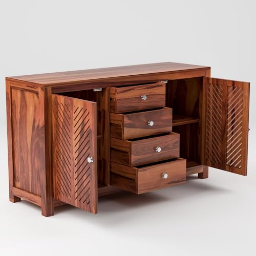 Image of Solid Sheesham Wood Wooden Chest of Drawers for Storage Sideboard Cabinet with 4 Drawers and 4 Shelf Storage for Living Room & Bedroom (Roger, Honey Finish)