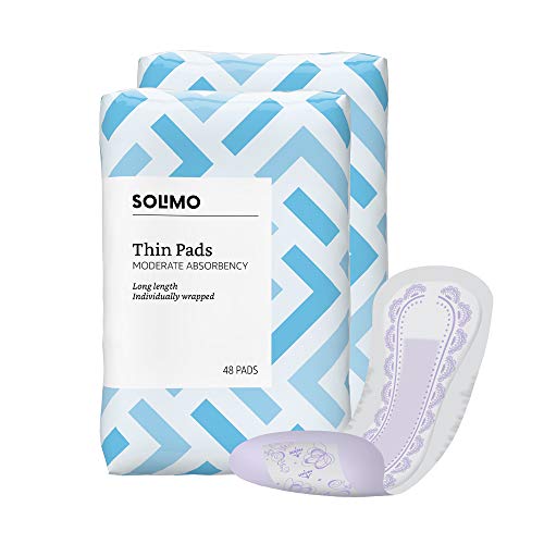 Amazon Brand - Solimo Thin Incontinence, Bladder Control & Postpartum Pads for Women, Long Length, Moderate Absorbency, 96 Count, 2 Packs of 48