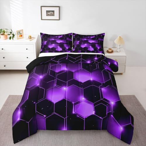 Image of Feelyou Geometrics Honeycomb Comforter Set King Size, Purple Black Beehive Hexagon Comforter for Kids Toddler Geometrical Bedding Set Hexagonal Geometrical Duvet Set Durable Quilt Set King Size