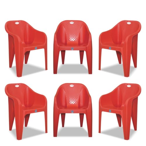 Image of Plastic Arm Chair for Home, Garden, Office, Living Room, Cafeteria Plastic Outdoor Chair | 1 Year Warranty | Color - Red | Set of 6