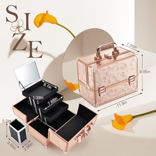 frenessa makeup case 118 inch makeup organizer case large cosmetic box with mirror portable 3 trays travel storage box for make up nail tech kits cosmetology case 3d rose gold floral