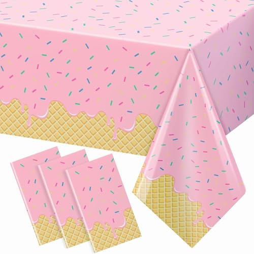 Fewuqav 3Pcs Sprinkle Donut Tablecloth Pink Ice Cream Table Cloth Disposable Plastic Rectangle Table Covers for Baby Girl Sweet One Birthday Party Decorations 54 X 108 Inch