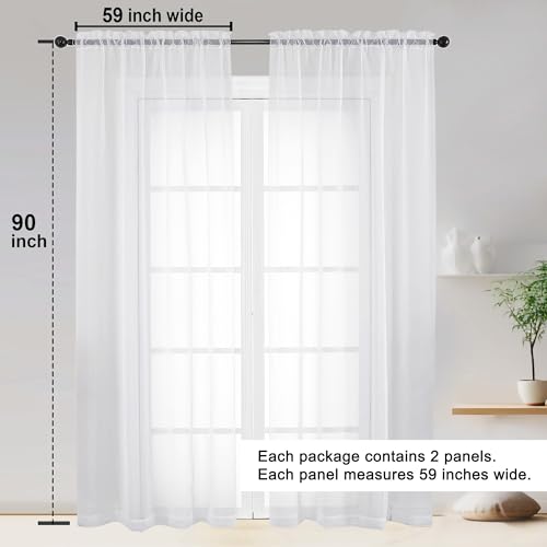 Image of OWENIE White Sheer Curtain 90 Inches Long 2 Panels Set, Solid Filmy Drapes for Living Room Bedroom, Elegant Window Voile Sheer Curtain Panels Drapes, 2 Pcs, Each 59W x 90L Inch