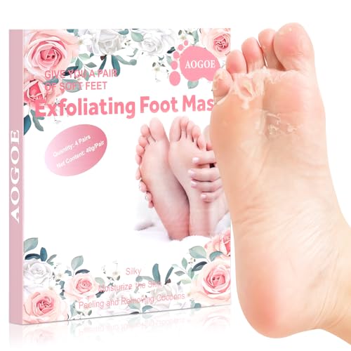 AOGOE Mascarilla Pies Exfoliante, 4 Pares Máscara Pies Peeling con Aroma Rosa, Quitar Piel Muerta Callos Calcetines Exfoliante de Pies, Hidratante Exfoliante Calcetines para Hombres y Mujeres