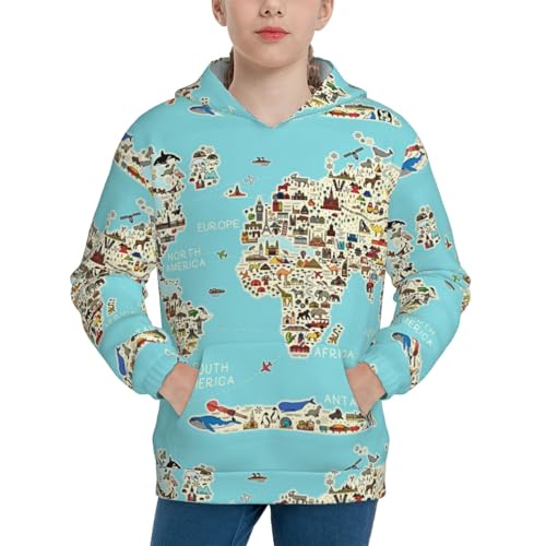 World Travel Line Icons Map Kid Hoodies Boys Sweatshirts Girls Pullover with Pocket