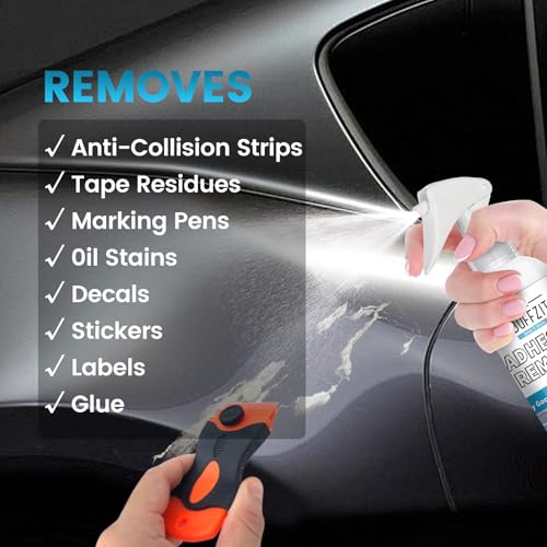 Image of Car Adhesive Remover Spray - Glue & Sticker Remover for Car Paint, Glass & Windows, Removes Decals, Tape & Label Residue - Automotive Adhesive Cleaner Kit with Scraper & Towel, 3.4oz /100ml