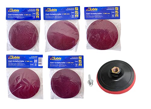 50 Stück KUBIS® Schleifscheiben Exzenterschleifer 125mm ohne Loch in Rot - P40/P60/P80/P120/P180 (10 Stück pro Körnung) inklusive Schleifteller Ø 125mm inkl. Spanndorn Cover