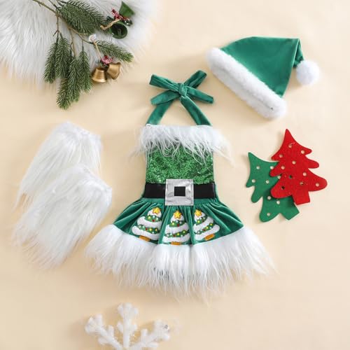 Baby Girl Cute Sequin Sleeveless Halter Romper Dress with Leg Warmer Hat Infant Newborn Christmas Outfit2