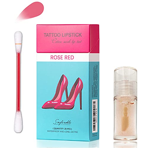 Tattoo Lipstick Lip Gloss Kit, Long Lasting Waterproof Liquid Non-Stick Lip Stain Set, Portable Lip Tint Lipsticks Cotton Swab 20pcs (Rose Red)