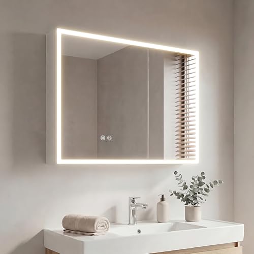 HySail LED Bathroom Mirror Cabinet with 3 Colour Temperature Dimmable Anti-Fog Built-in UK Socket and Adjustable Shelves Wall Mounted Storage Cabinet Fully Pre-Assembled - 75x60x14cm