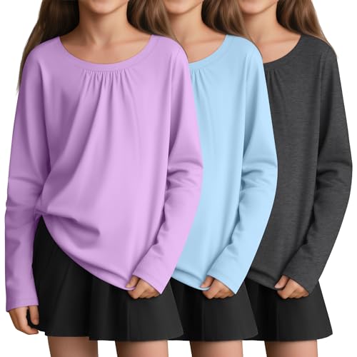 3 Pack Girls Long Sleeve Shirts Basic Casual Tops Loose Fit Kids Crewneck Solid Soft Layering Shirts