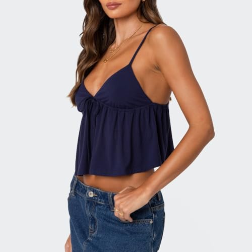 Women Y2k Babydoll Tank Crop Top Backless Ruffle Flowy Pepulm Cami Teens Cute V Neck Going Out Camisole Summer4