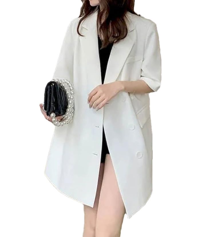 Women Oversized Mid-Length Short Sleeve Blazer Loose Thin Casual Design Suit Coat