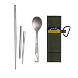 SANTTA Compact Titanium Collapsible Chopsticks and Spoon Utensil Set with Carry Bag and Carabiner for Camping, Hiking, Backpacking and Travelling