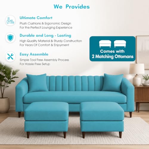 Image of Doraldo 3 Seater Sofa Set with 2 Ottoman for Living Room (Turquise) Premium Fabric Sofa